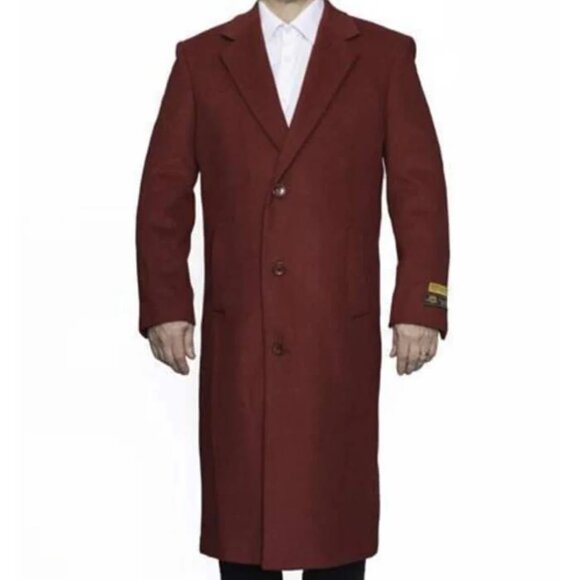 Red Trench Coat - Long Red Coat - Mens Red Peacoat - Mens Red Overcoat - Wool Fa - Picture 1 of 3